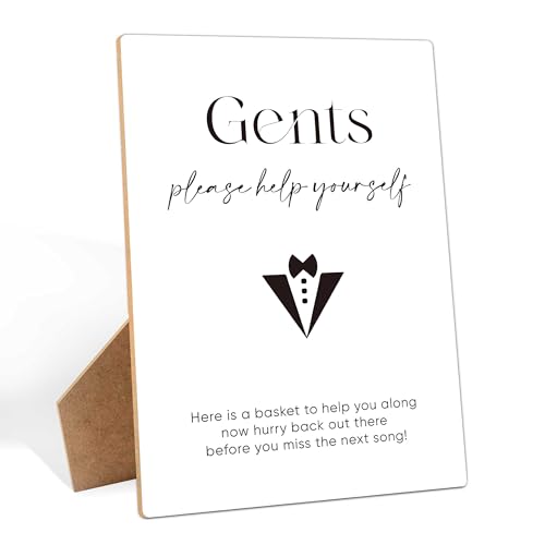 Gentlemen Bathroom Sign for Wedding Reception, 8×11 Inch Wooden Sign With Stand, Wedding Bathroom Basket Supplies, Minimalist Table Decor for Bridal Shower, Engagement Party Decorations - style: Gents-Please Help Yourself