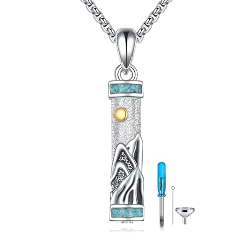 Urn Necklaces for Ashes Sterling Silver Cylinder Memorial Pendant for Loved Ones Keepsake Cremation Jewelry Gifts for Women Men - style: Mountain