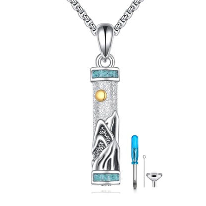Urn Necklaces for Ashes Sterling Silver Cylinder Memorial Pendant for Loved Ones Keepsake Cremation Jewelry Gifts for Women Men - style: Mountain