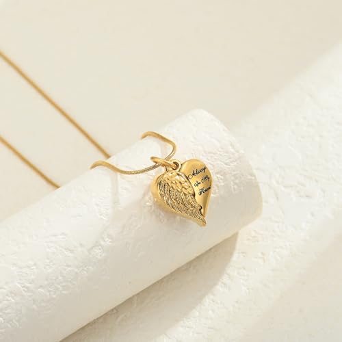 Cremation Jewelry Angel Wing Stainless Steel Heart Urn Necklaces for Ashes Memorial Keepsake Pendant for Women Men - color: Gold