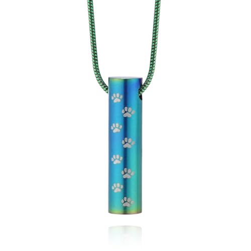 Rockyu Men's Stainless Steel Pet Urn Necklace Cylinder Pendant with Paw Prints Memorial Keepsake Jewelry for Ashes (Teal)