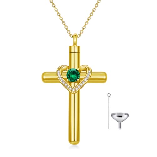AOBOCO Cross Necklace for Ashes, Sterling Silver Birthstone Cross Urn Necklaces for Ashes Embellished with Crystals from Austria Keepsake Cremation Jewelry for Pet Human Ashes - color: 05-emerald-May-18k Gold-Plated