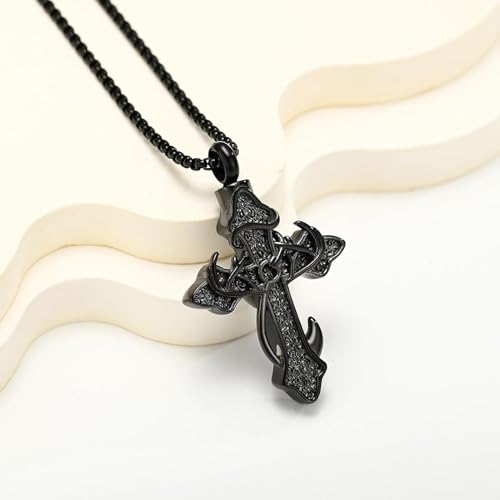zeqingjw Cross Urn Necklace Fish Hook Cremation Jewelry for Ashes Pendant Stainless Steel Deer Antler Cross Memorial Human Pet Keepsake Ashes Holder for Men Women - color: Z-Black