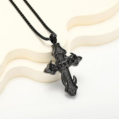 zeqingjw Cross Urn Necklace Fish Hook Cremation Jewelry for Ashes Pendant Stainless Steel Deer Antler Cross Memorial Human Pet Keepsake Ashes Holder for Men Women - color: Z-Black