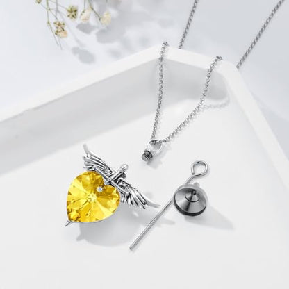 SOULMEET Memorial Wings Necklace for Ashes with Large Heart Crystal Birthstone, Angel Wings Urn Necklaces with Heart Shaped Birthstone Keepsake Silver Cremation Jewelry - style: K-November