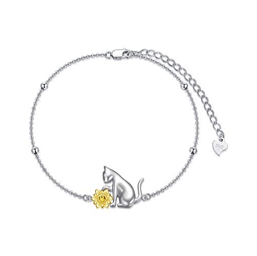 AOBOCO 925 Sterling Silver Cute Cat Kitty Bracelet Adjustable Link Chain, Cat Jewelry Gifts for Cat Lovers 7-9 inches - style: A-Cat with Sunflower