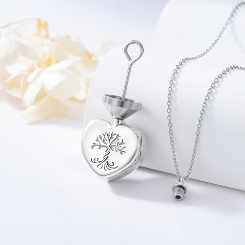 TOUPOP Tree of Life Urn Necklaces for Ashes 925 Sterling Silver Heart Cremation Jewelry Memorial Keepsake Jewelry with Funnel Filler for Women Men - color: A-Heart Tree of Life-Wood