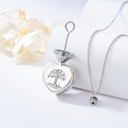 TOUPOP Tree of Life Urn Necklaces for Ashes 925 Sterling Silver Heart Cremation Jewelry Memorial Keepsake Jewelry with Funnel Filler for Women Men - color: A-Heart Tree of Life-Wood