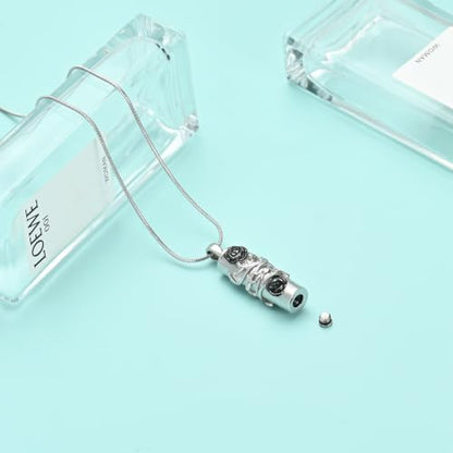 Cylinder Urn Necklace for Ashes Roseflower Cremation Jewelry Urn Ashes Necklace for Women Men Memorial Keepsake Necklace of Loved One - color: Silver-Black