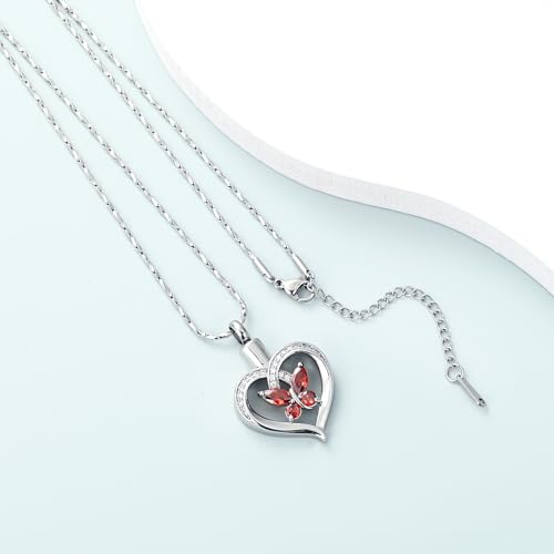 Imrsanl Butterfly Heart Pendant Cremation Urn Necklace for Women - color: Silver-Red