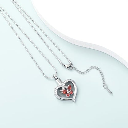 Imrsanl Butterfly Heart Pendant Cremation Urn Necklace for Women - color: Silver-Red
