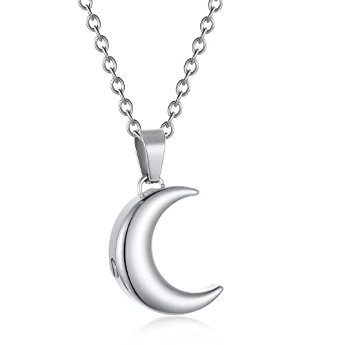 Crescent Moon Cremation Urn Necklaces for Ashes Stainless Steel Cremation Jewelry Keepsake Urn Necklace for Human Pet Ashes Memorial Jewelry Funeral Jewelry for Women Men - color: Silver
