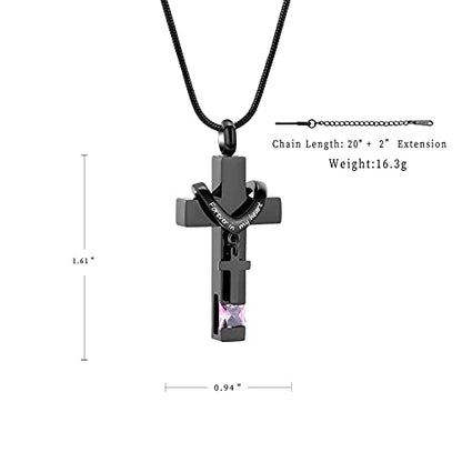 Forever in My Heart Birthstone Personalized Double Cross Urn Pendant Cremation Jewelry for Ashes Cross Ashes Keepsake - color: Pink