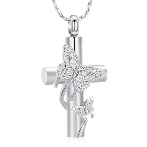 Imrsanl Butterfly Cross Urn Necklace for Ashes Men Women Cremation Jewelry Ashes Pendant for Human Memorial Ash Jewelry - color: Z-Silver