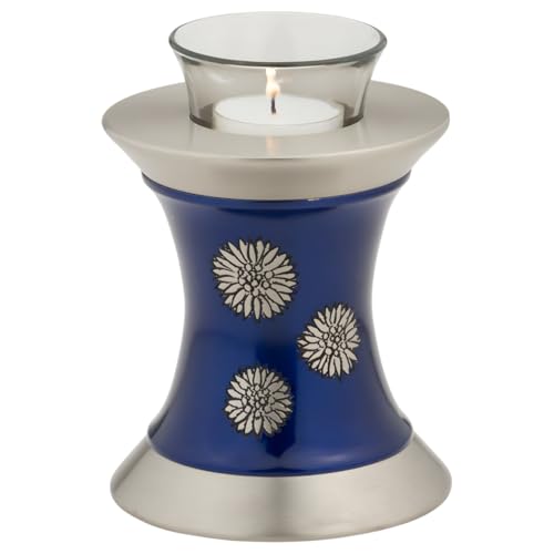 Flowers of Peace Tealight Urn for Ashes - Blue, Brass Memorial Candle Urn, Extra Small, 5.5 Inches High - color: Blue