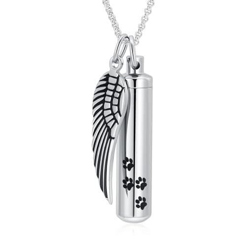 Hearbeingt Cylinder Cremation Jewelry Paw Print Urn Necklaces for Ashes | Stainless Steel,with Charm Wing,for Women Men,Memorial Necklace,Ash Pendant for Human Pet,Keepsake Jewelry,Gift,Fill Tool - color: Silvery