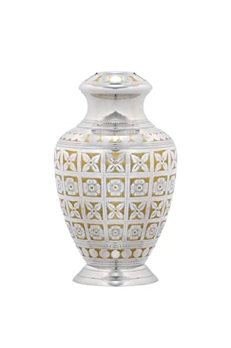 BOLD & DIVINE Cremation Urn for Human Ashes Adult Brass Funeral Urn |Metal Hand Engraving Large Urn | for Adults Display Burial at Home or in Niche at Columbarium (Silvery Shine/Golden Design) - color: Silvery Shine / Golden Design