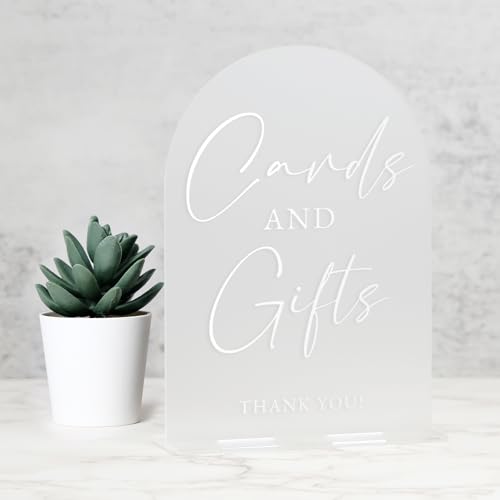 Cards and Gifts Sign with Stand- 5"x7" Frosted Arch Acrylic Wedding Sign and Base,1/8" Thick | Modern Calligraphy White Lettering Arch Acrylic Sign for Wedding Reception - style: Cards and Gifts