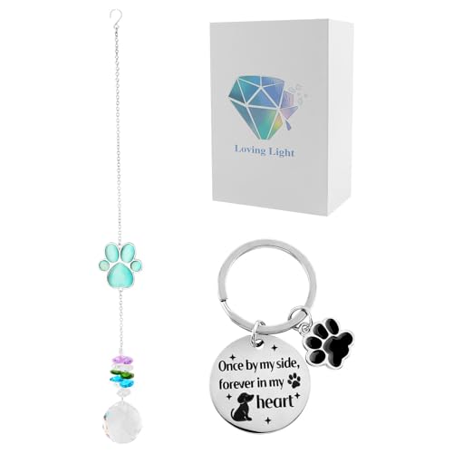 Pet Memorial Suncatcher, Dog Memorial Gifts for Loss of Dog, Sympathy Keepsake for Pet Loss with Stainless Steel Keychain, Cat's Eye Paw Crystal Hanging Ornament