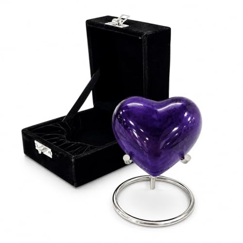 Purple Heart Cremation Urns Printed Small Urn with Box & Stand - Small Keepsake Shaped - Mini Urn Heart Shaped - Honor Your Loved One with Memorial Cremation