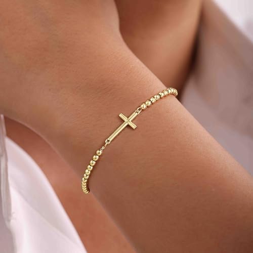 Moodear Cross Bracelet for Women, Dainty Sterling Silver/Gold Plated Gift | Christian Religious Gifts for Teen, Stocking Stuffers, Adjustable Link Bracelets, Sparkling CZ Cross, Non Tarnish Jewelry - color: Bead Gold Cross Bracelet