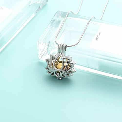 Cremation Jewelry Lotus Flower Urn Necklaces for Ashes Stainless Stell Memorial Ash Pendant Necklaces with Mini Urn Keepsake Ash Jewelry for Men Women Gifts with Funnel Filler Kit - color: Silver-Gold