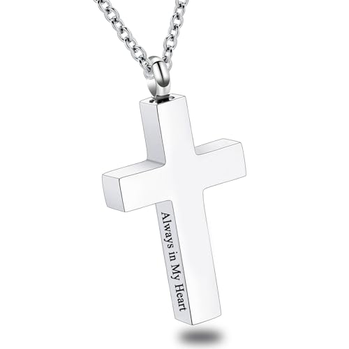 Cross Urn Necklace for Ashes for Men Women Cremation Jewelry Urns Locket Pendant Ashes Holder Memorial Jewelry-Always in My Heart - color: Silver
