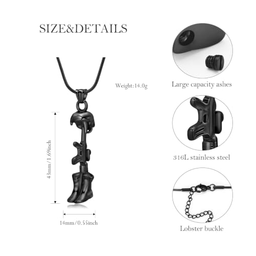 Cremation Jewelry Military Shoes Hats Guns Urn Necklace for Ashes Stainless Steel Military Equipment Pendant Memorial Necklaces Ash Holder for Human Pets Keepsake Jewelry of Loved Ones with Fill Tool - color: Black