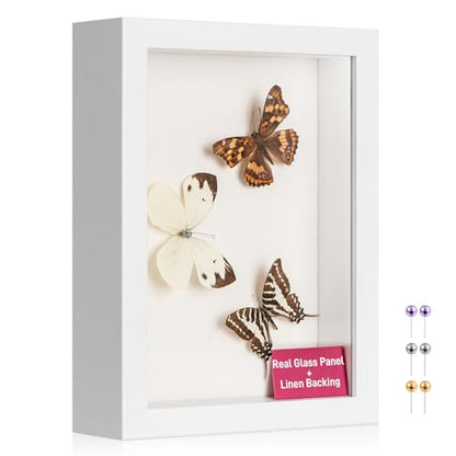 5x7 Small Shadow Box Frame with Ultra-Clear Glass & Soft Linen Back - color: White+high Definition Panel + Shatter-proof Packaging, size: 5x7