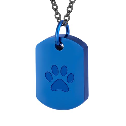 Stainless Steel Pet Memorial Urn Necklace Dog Tag Style Paw Print Cremation Jewelry for Ashes Keepsake Pendant for Beloved Dogs & Cats - color: Blue
