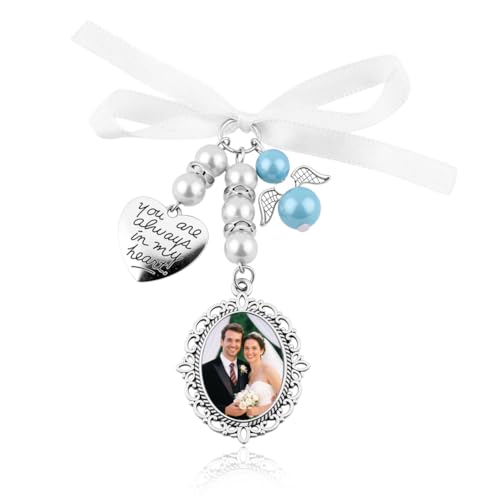 Wedding Memorial Bouquet Charm with Photo Frame Angel Wing Pearl Memorial Ornament for Bride Gifts DIY Wedding Graduation Picture Frame Brooch Remembrance Keepsake for Loss of Loved One