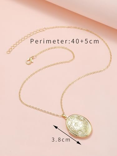 Vintage Engraved Flower Empaistic Photo Locket Pendant Necklaces Dainty Gold Silver Oval Round Heart Locket Hold Photo Picture Clavicle Chain Necklace for Women Men Souvenir Memorial Jewelry - style: Gold A