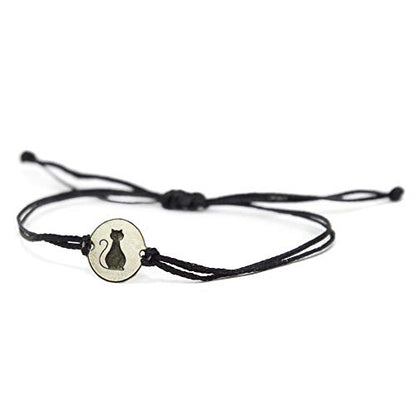 Stainless Steel Cat Lover Charm on Double Black String Bracelet for Men & Women - Pet Jewelry, Cat Mom Gift - Waterproof, Hypoallergenic