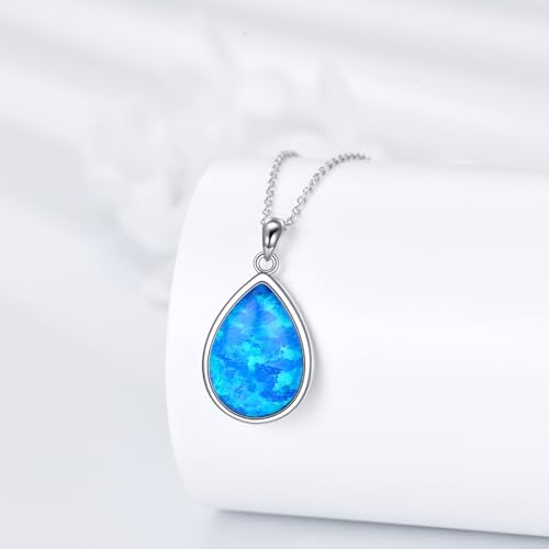CRMAD Larimar/Opal/Lapis Lazuli/Tourmaline/Malachite/Labradorite/Turquoise/Onyx/Rose Quartz/Amber/Peridot Necklace for Women 925 Sterling Silver Teardrop Pendant Jewelry Gifts - color: blue opal