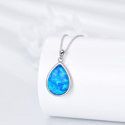 CRMAD Larimar/Opal/Lapis Lazuli/Tourmaline/Malachite/Labradorite/Turquoise/Onyx/Rose Quartz/Amber/Peridot Necklace for Women 925 Sterling Silver Teardrop Pendant Jewelry Gifts - color: blue opal