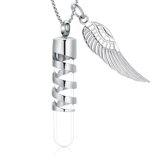 Oinsi Clear Glass Tube Cremation Urn Jewelry Ashes Holder Necklace Keepsake Memorial Pendant Including Box/Fill Kits - color: Sliver (Angel wing)