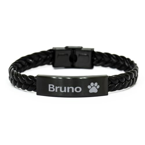Bruno Paw Print Name Braided Leather Bracelet - Loss of Pet Remembrance ID Plate Bracelet Dog Cat Pet Paw Pet Lover Memorial Gifts For Men Women, Engraved Adjustable