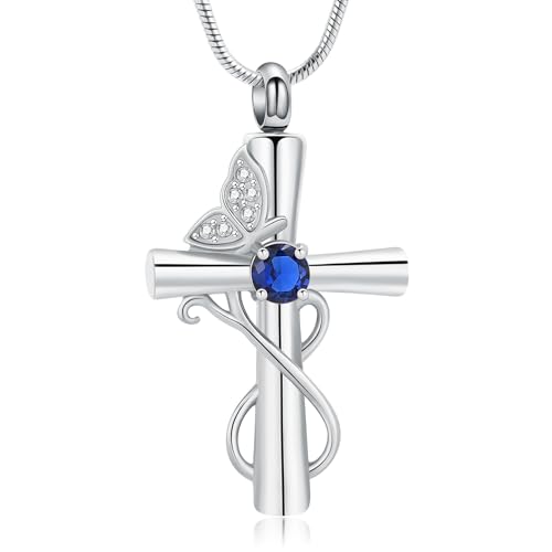 Butterfly Cross Cremation Jewelry Urn Necklaces Cross Butterfly Urn Necklaces for Ashes Memorial Keepsake Pendant for Women Men Gifts With Funnel Kit & Bag - color: Silver+Blue