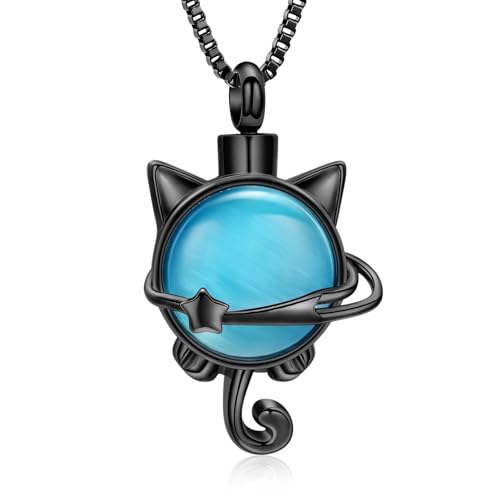 XSMZB Pet Cremation Ashes Jewelry Moonstone Cat Urn Necklace for Ashes for Women Men Lovely Cat Memorial Urn Locket Keepsake Pendant Gift - color: Black