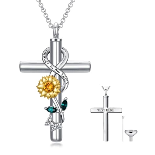 Cross Urn Necklace for Ashes 925 Sterling Silver Cremation Jewelry with Funnel Filler Kit Ashes Necklace for Human Women Girl Pets - color: B_Sunflower Urn Necklace, style: Personalized