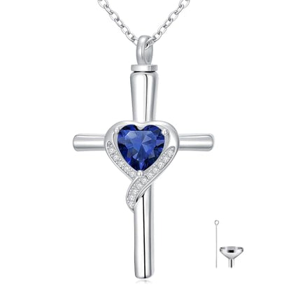 TOUPOP Cross Urn Necklaces for Ashes Birthstone Cremation Jewelry 925 Sterling Silver Cross Memorial Keepsake Funeral Jewelry for Women (with Funnel Filler) - color: 09-September-Sapphire