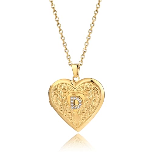 Badu Gold Initial A-Z Necklace for Women Heart Photo Lockets that Hold Picture Love Image Cubic Zirconia Necklace - color: D