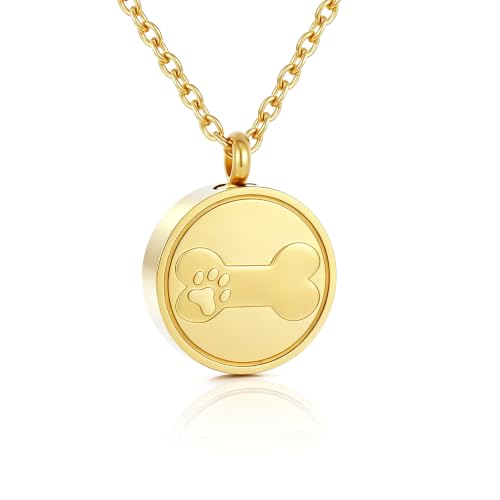 Round Pet Urn Pendant Necklace, Dog Paw Print and Bone Engraved Cremation Jewelry for Ashes, Stainless Steel Dog Keepsake Jewelry Urn Necklaces for Ashes for Women Men - color: Gold