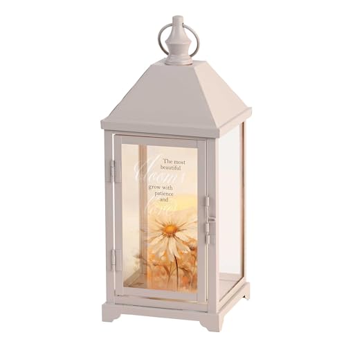 Magnolia Garden 14 Inch White Metal Traditional Lantern – LED Candle Home Decor – Floral Design – “The Most Beautiful Blooms Grow with Patience and Love - size: 5.25 x 5.25 x 14, style: Most Beautiful Blooms