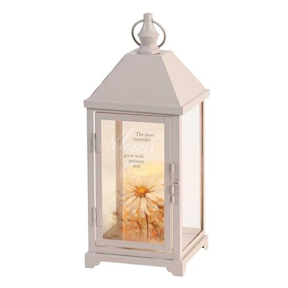 Magnolia Garden 14 Inch White Metal Traditional Lantern – LED Candle Home Decor – Floral Design – “The Most Beautiful Blooms Grow with Patience and Love - size: 5.25 x 5.25 x 14, style: Most Beautiful Blooms