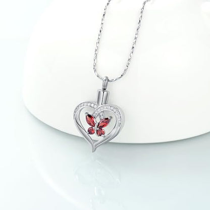 Imrsanl Butterfly Heart Pendant Cremation Urn Necklace for Women - color: Silver-Red