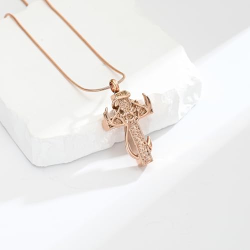 zeqingjw Cross Urn Necklace Fish Hook Cremation Jewelry for Ashes Pendant Stainless Steel Deer Antler Cross Memorial Human Pet Keepsake Ashes Holder for Men Women - color: Rose Gold Cross