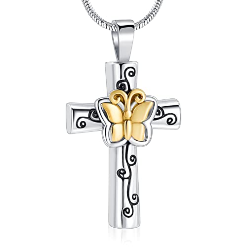 Minicremation Cremation Jewelry Cross Butterfly Urn Ashes Necklace for Women Men Loved One Memorial Ash Pendant for Human/Pet Funeral Keepsake Memorial Necklace - color: Gold
