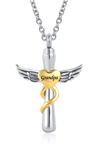 Guardian Angel Wing Cremation Urn Necklace for Ashes Cross Heart Love Memorial Keepsake Pendant Jewerlry Women - style: Grandpa