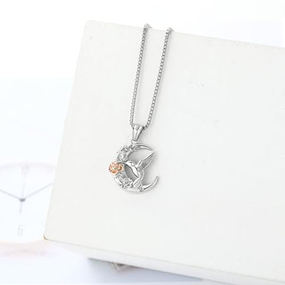 XSMZB Hummingbird Urn Necklace for Ashes of Loved One Rose Flower Moon Cremation Jewelry Ashes Holder Keepsake Pendant for Women Men - color: Silver-Rose Gold